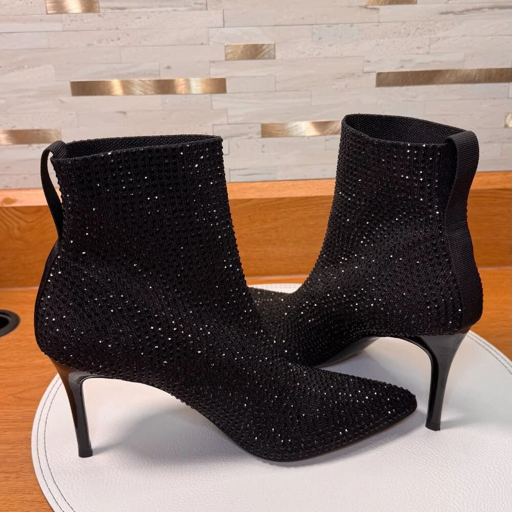 Women’s Black Rhinestone Ankle Booties Size 8 Pointed Toe Steven NY Steve Madden
